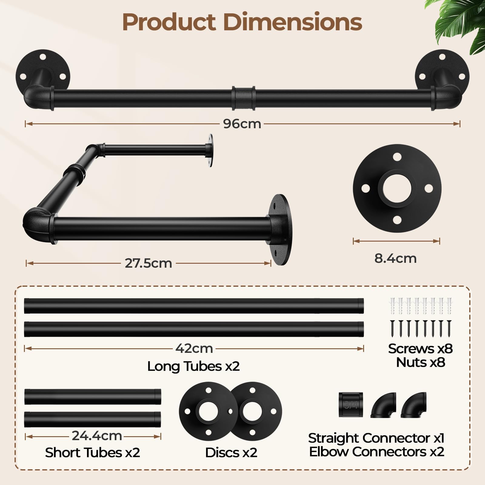 96cm Wall Mounted Clothes Rail Clothing Rack Industrial Pipe Rod Black