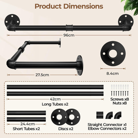 96cm Wall Mounted Clothes Rail Clothing Rack Industrial Pipe Rod Black