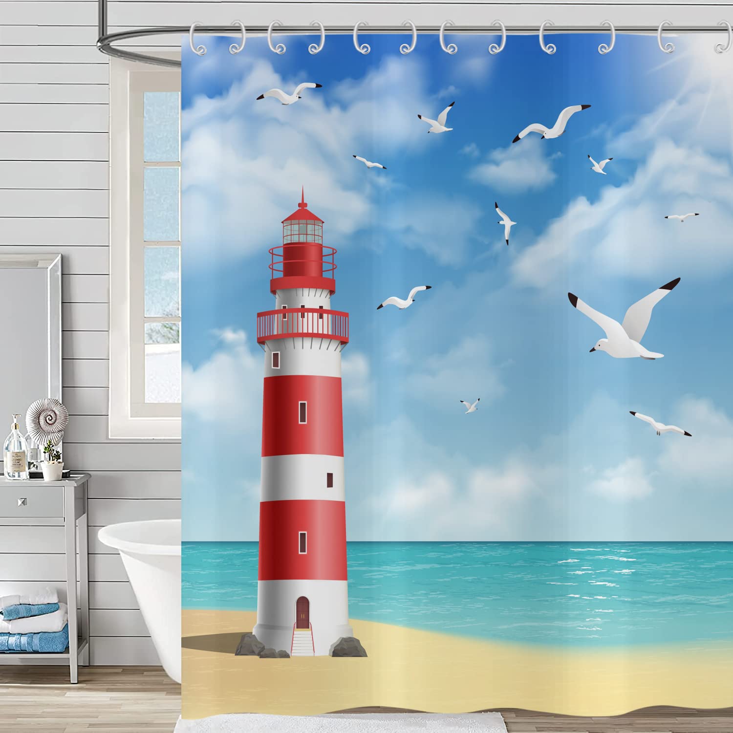 Hnmdmyi Lighthouse Shower Curtain 180x220, Ocean Beach Seagull Blue Sky White Clouds Scenery Bathroom Curtains with Hooks Waterproof Polyester Fabric