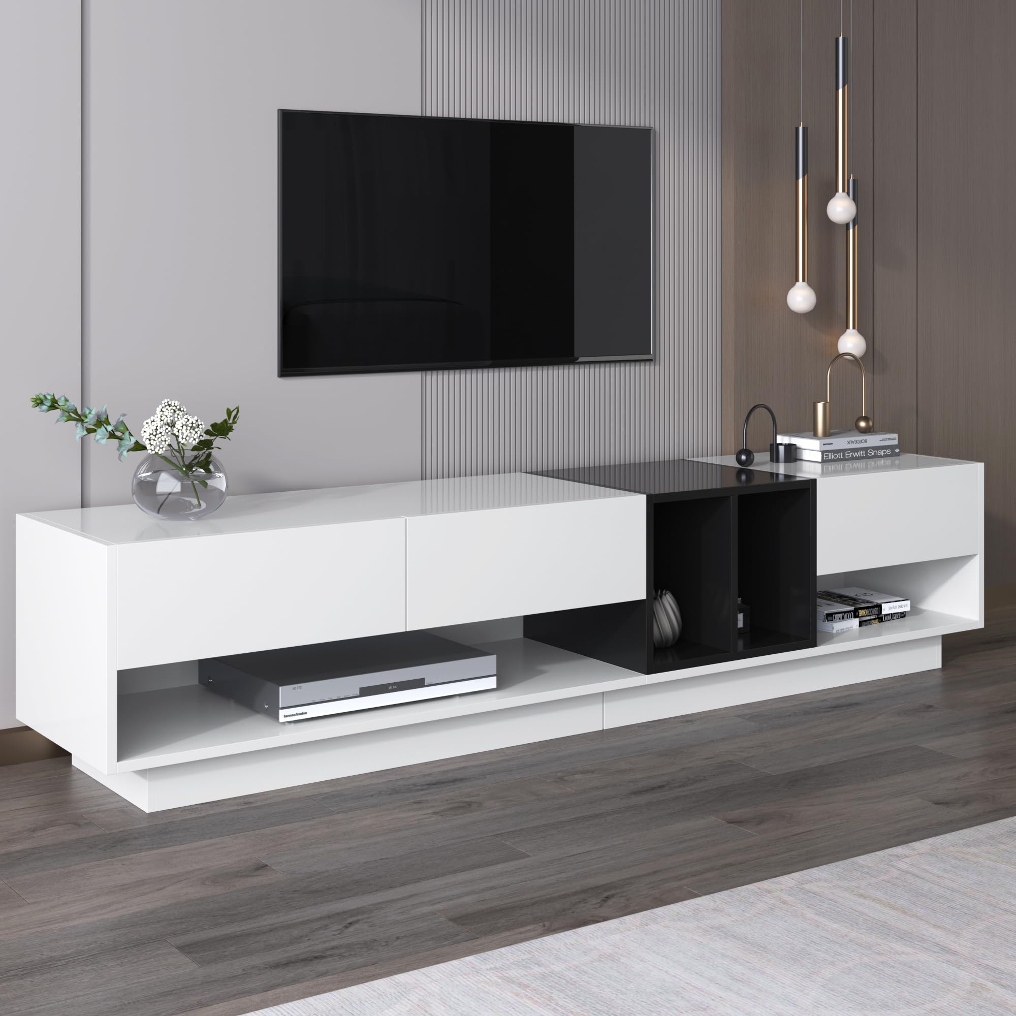 Ball & Cast High Gloss TV Stand Cabinet, TV Stand with Drawers and Compartments, White and Black TV Cabinet,190x40x34cm