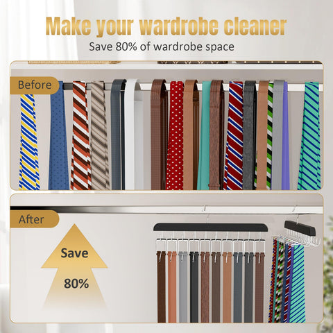 Tie Rack & Belt Hanger 2 in 1 Tie Hanger Space Saving 20 Hooks Hangers for Closet Max 30 Belts with 30 Ties Capacity