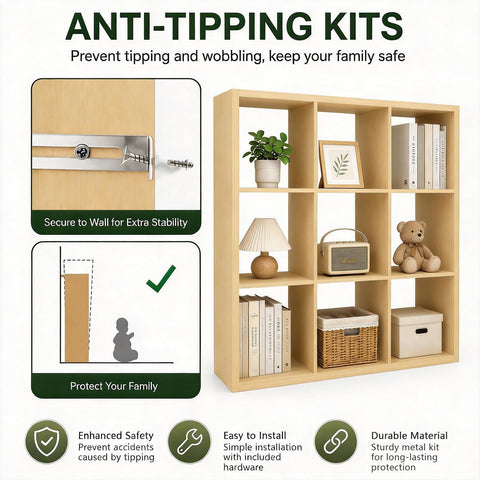 CTESNE【Wooden Thick Frame 9 Cube Storage Organizer Shelf with Anti-Tipping Kits + Reversible Open Back Bookcase