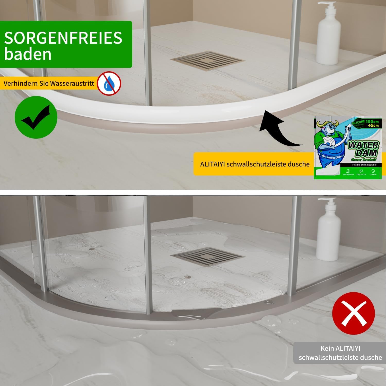 ALITAIYI wet room floor barrier for shower,Self-Adhesive shower threshold water barrier,Collapsible silicone shower tray sealing strip water
