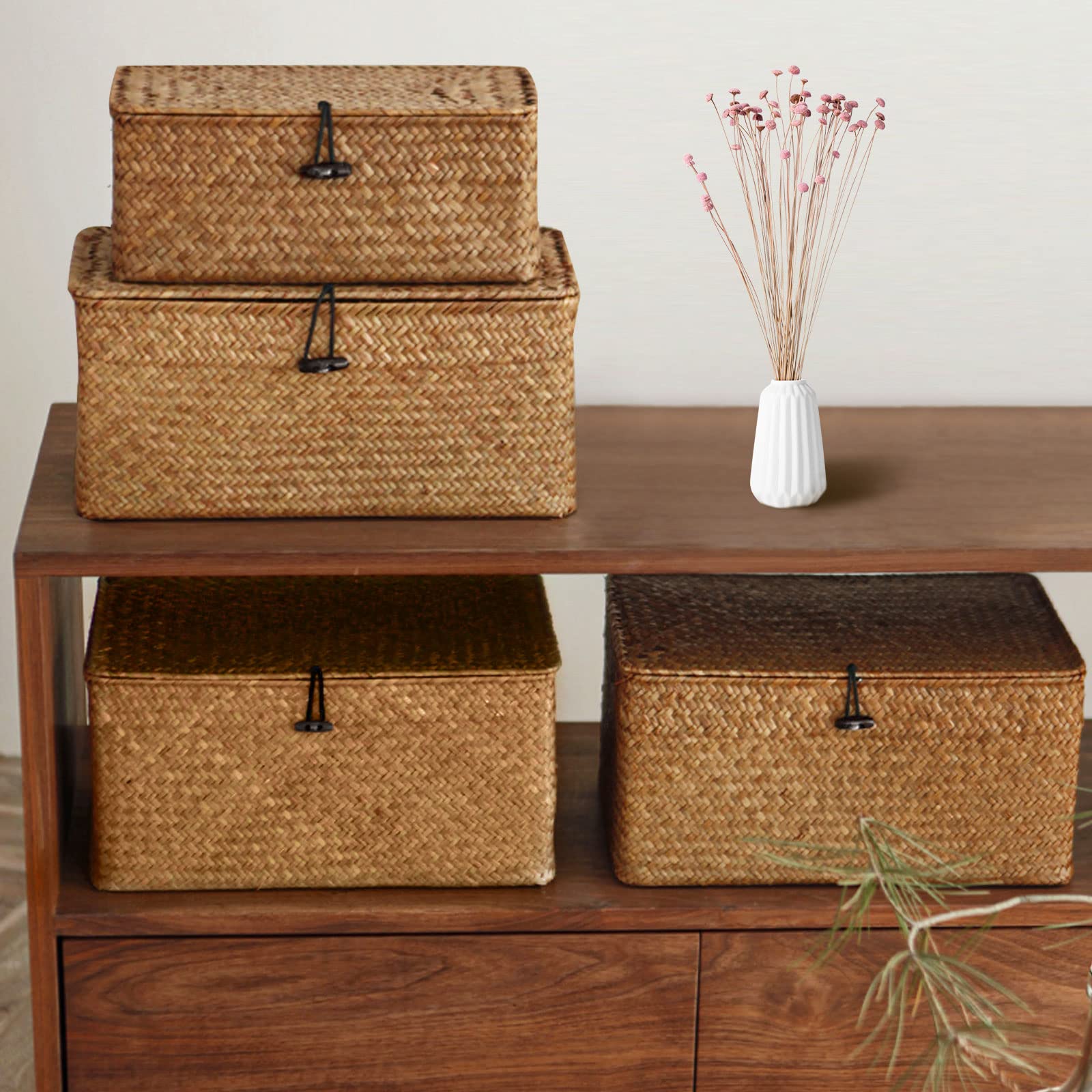 Wicker Storage Basket Woven Rattan Storage Box With Lids Seagrass Laundry Baskets Makeup Organizer For Bathroom, Living Room, Kitchen (XXL)
