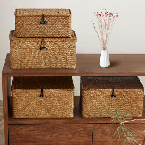 Esoes Wicker Storage Basket Woven Rattan Storage Box With Lids Seagrass Laundry Baskets Makeup Organizer For Bathroom, Living Room, Kitchen (XL)
