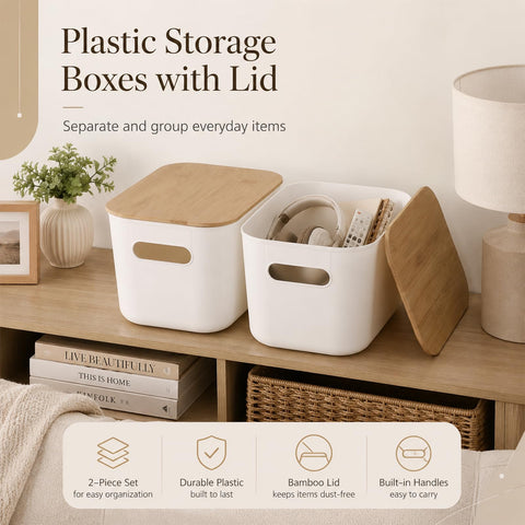 YAGOKKI 2 Pack Plastic Storage Boxes with Lid, 9.8 x 6.8 x 6.0 in Organising Boxes with Wood Lid, Stackable White Storage Box for Desktop Office