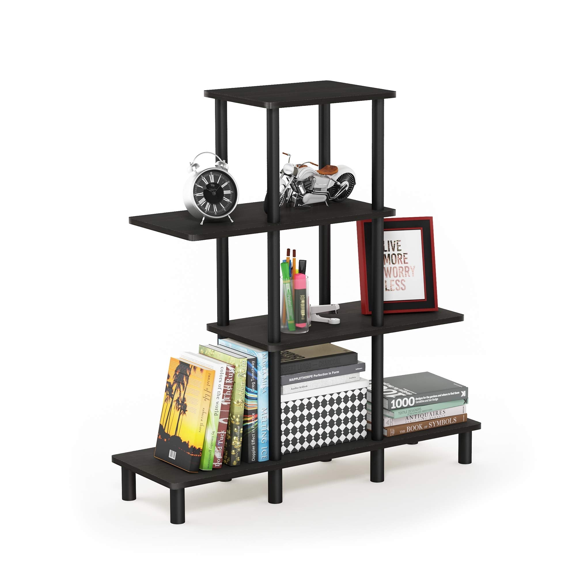 Furinno TURN-N-TUBE Storage Shelves, 4-Tier Ladder Book Shelf, Accent Display Shelf, Toolless Open Shelves, Round Tubes, for Organization and Storage