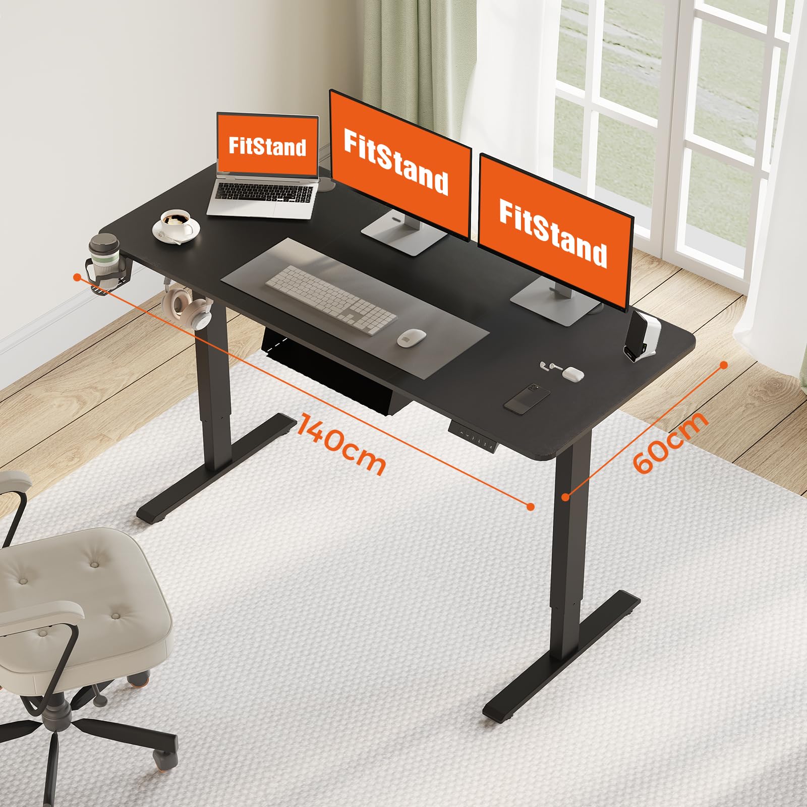FitStand 140x60cm Electric Height Adjustable Standing Desk, Sit Stand Desk, Computer Desk With Hooks, Cupholder, Memory Function