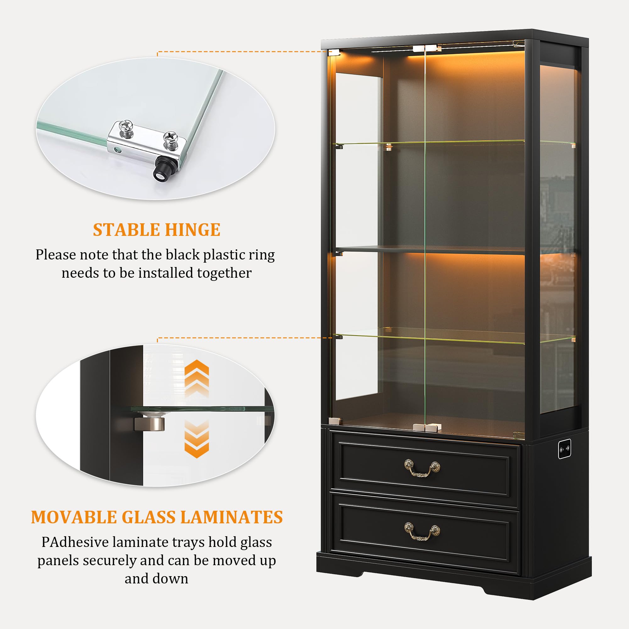 FREDEES LED Display Cabinet with Glass Doors and Drawers, Black