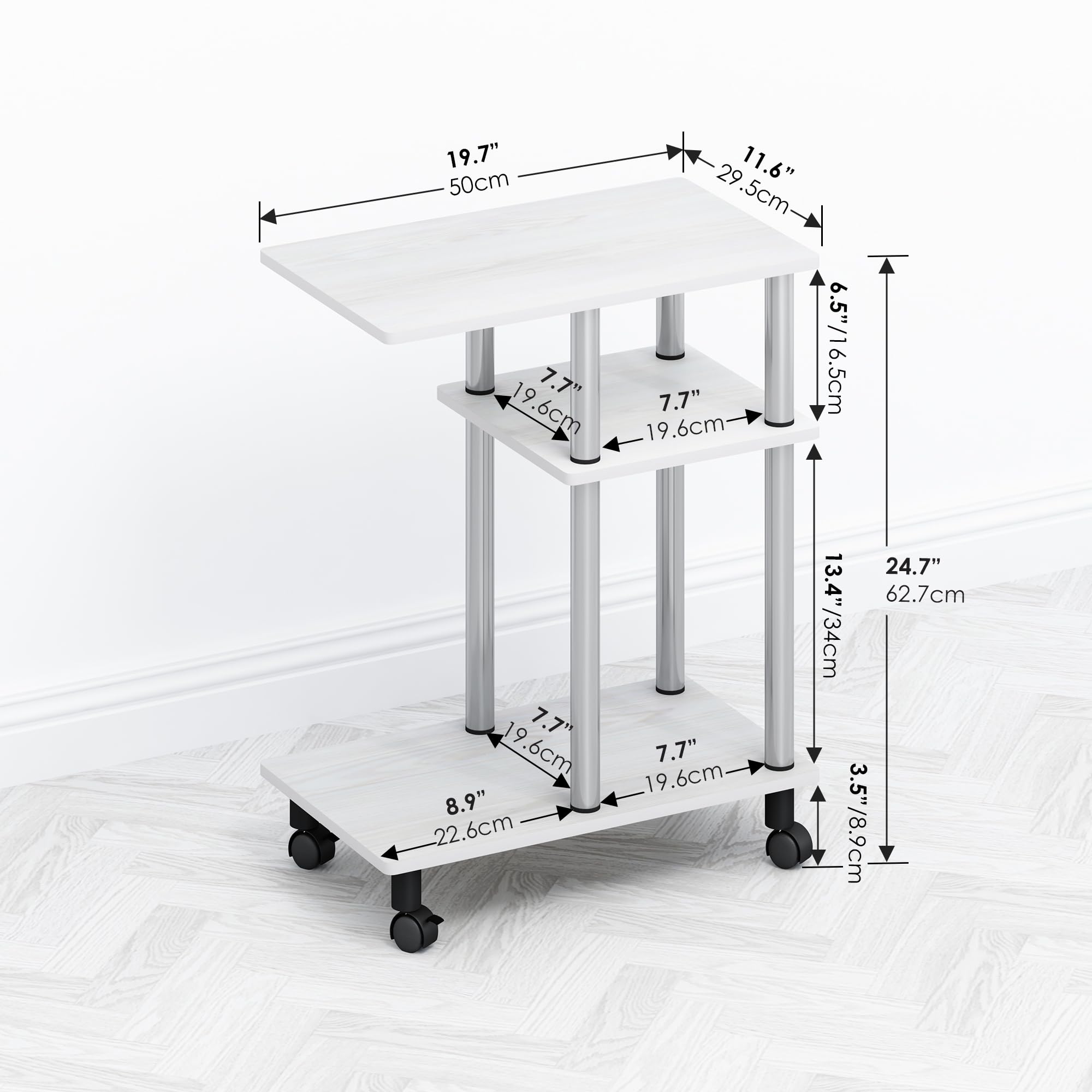 Furinno TOMI Side Table, 3-Tier C-Shape Open Shelf End Table with Wheels, Night Stand, Bedside Table, Toolless Assembly, for Living Room, Bedroom