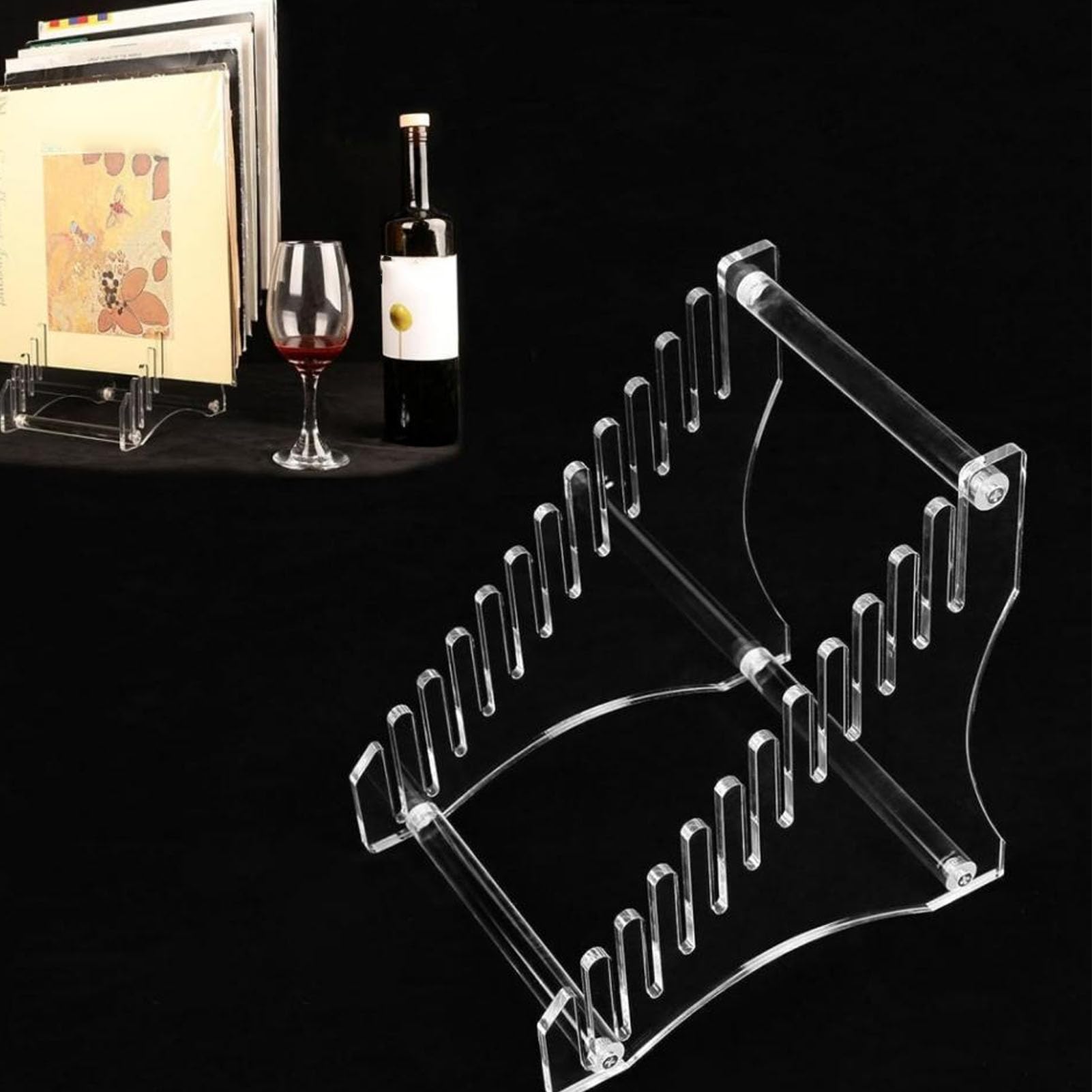Focket Record Rack, Acrylic Record Storage Holder Easy Assembly 12 Places Easy Access for Albums (Transparent)