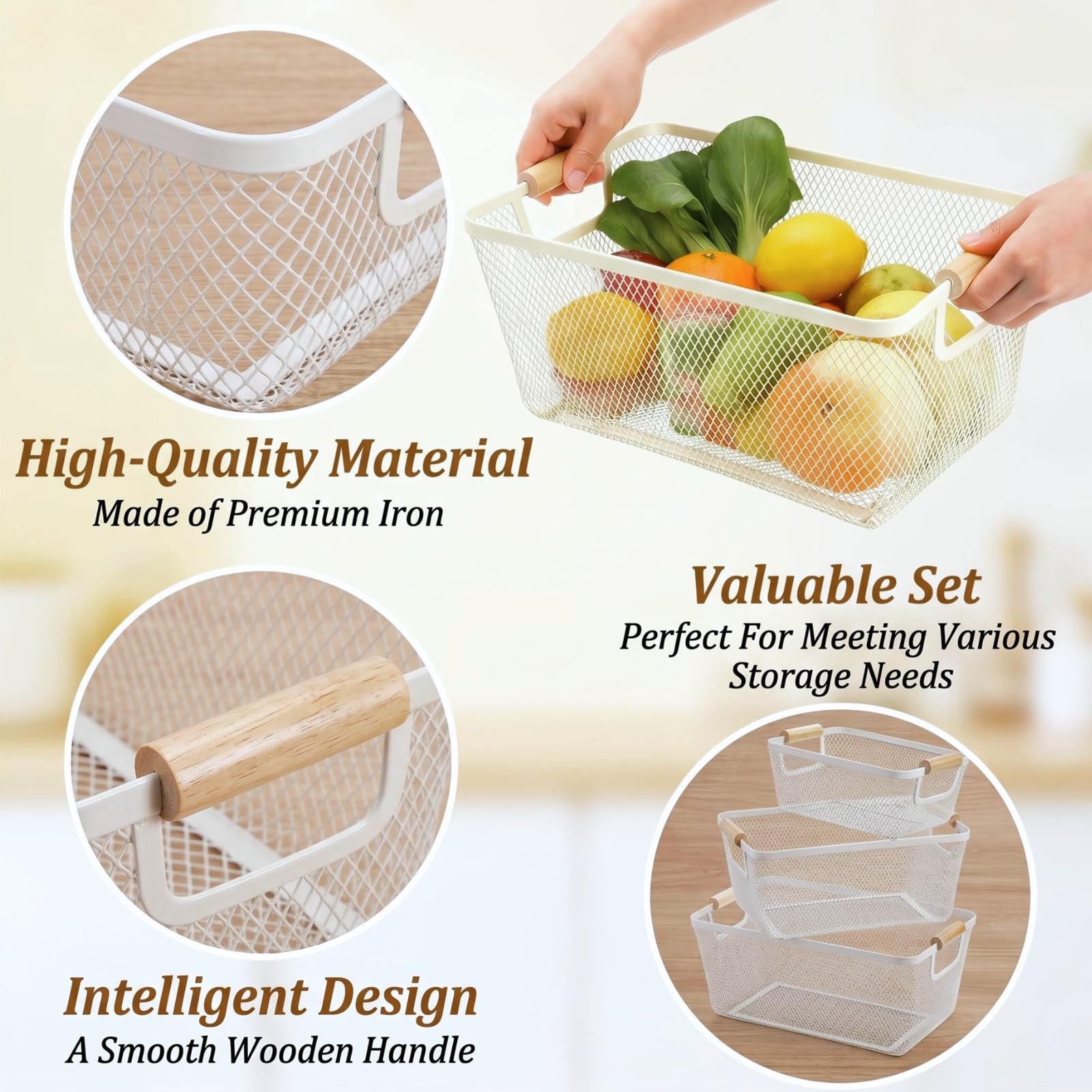 Noamus 3 Pack Metal Mesh Baskets with Wood Handle, Iron Storage Organizer Basket, White Wire Countertop Baskets for Organizing