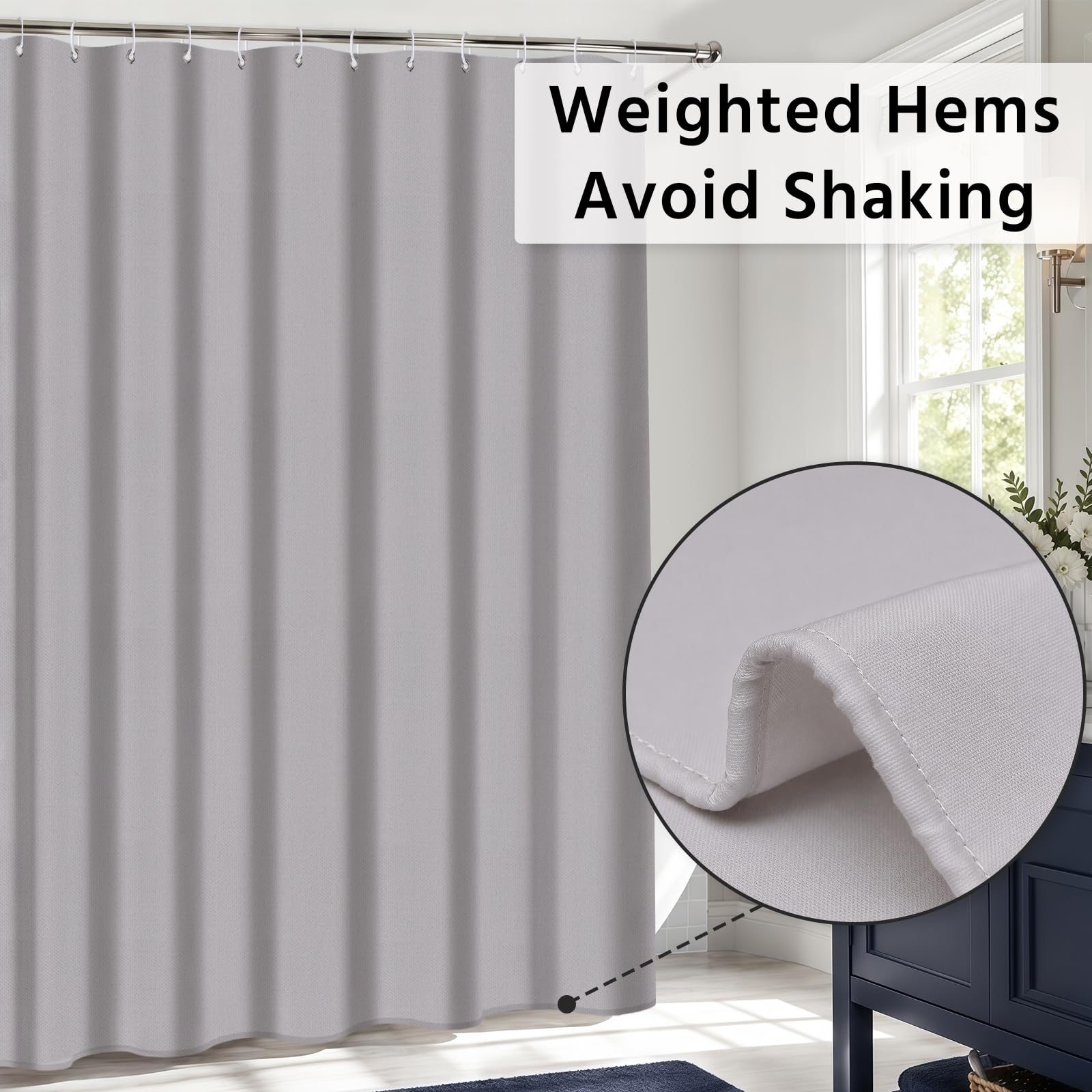 FAVORTALK Shower Curtain Mould Proof Mildew Resistant, 180x180cm Grey Bathroom Curtain Set With 12 Hooks, Weighted Hem