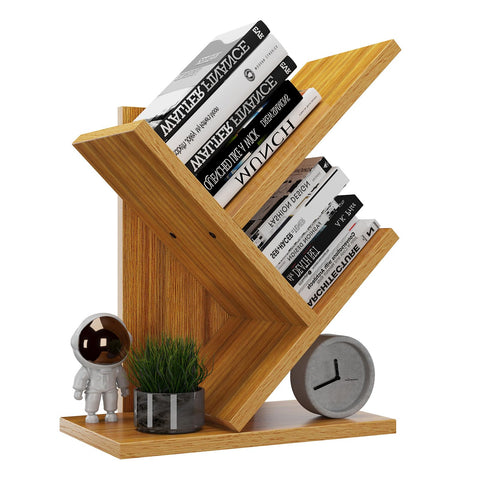 YMYNY 2 Tier Tree Bookshelf, Small Bookcase, Modern Wood Book Storage Rack Organizer, Freestanding Book Shelf for Books/Movies/CDs