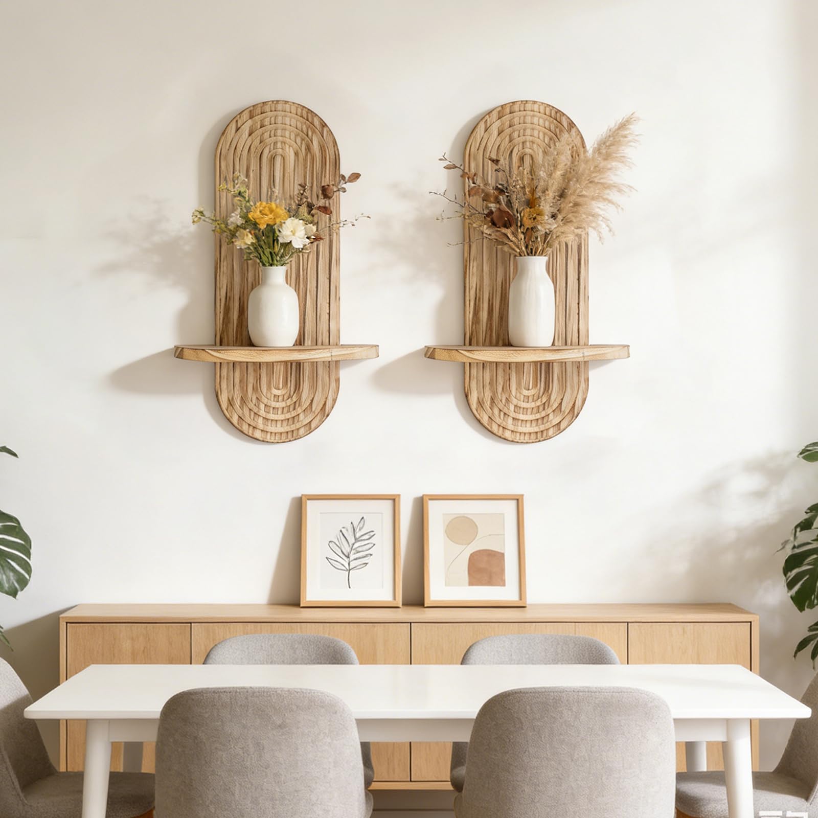 YiYa 2 Pcs Wood Shelves for Wall Decor Modern Boho Wall Shelf Arch Wood Floating Shelf Display Shelving for Hanging Plants Photo for Living Rooms