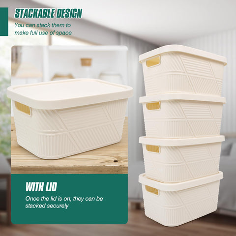 Spesh 4 Pcs Storage Boxes with Lids 3.5L Small Storage Baskets Stackable Plastic Storage Boxes for Home Office Cupboard(White, 24 * 17 * 12cm)
