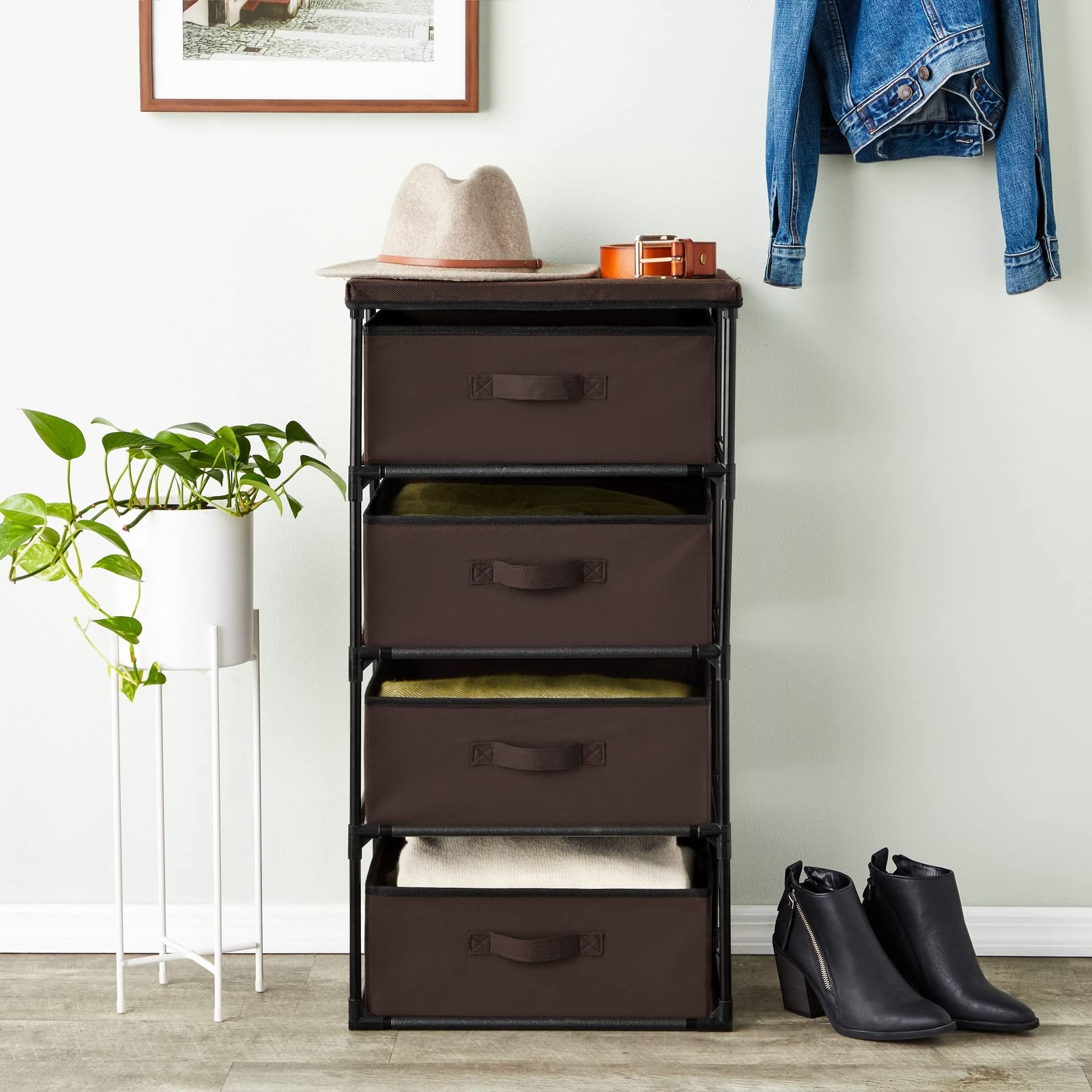 Juvale 4 Drawer Dresser for Bedroom, Clothes Organizer Fabric Storage Tower for Clothing, Linens, Closet (Dark Brown, 16.5 x 33 in)