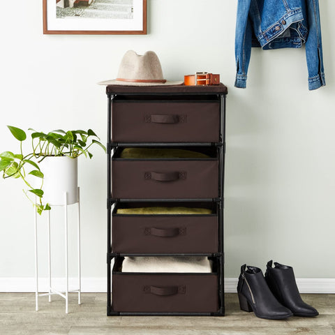 Juvale 4 Drawer Dresser for Bedroom, Clothes Organizer Fabric Storage Tower for Clothing, Linens, Closet (Dark Brown, 16.5 x 33 in)