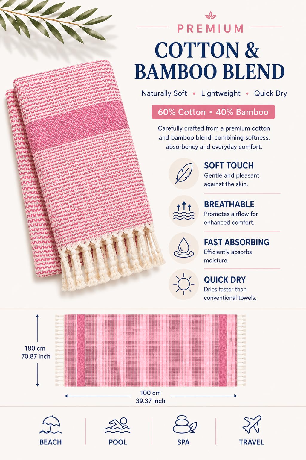 Babila Turkish Hammam Peshtemal Towel | Lightweight & Quick-Drying & Absorbent | Turkish Travel, Spa & Beach Towel | Soft, Compact & Versatile | Pink