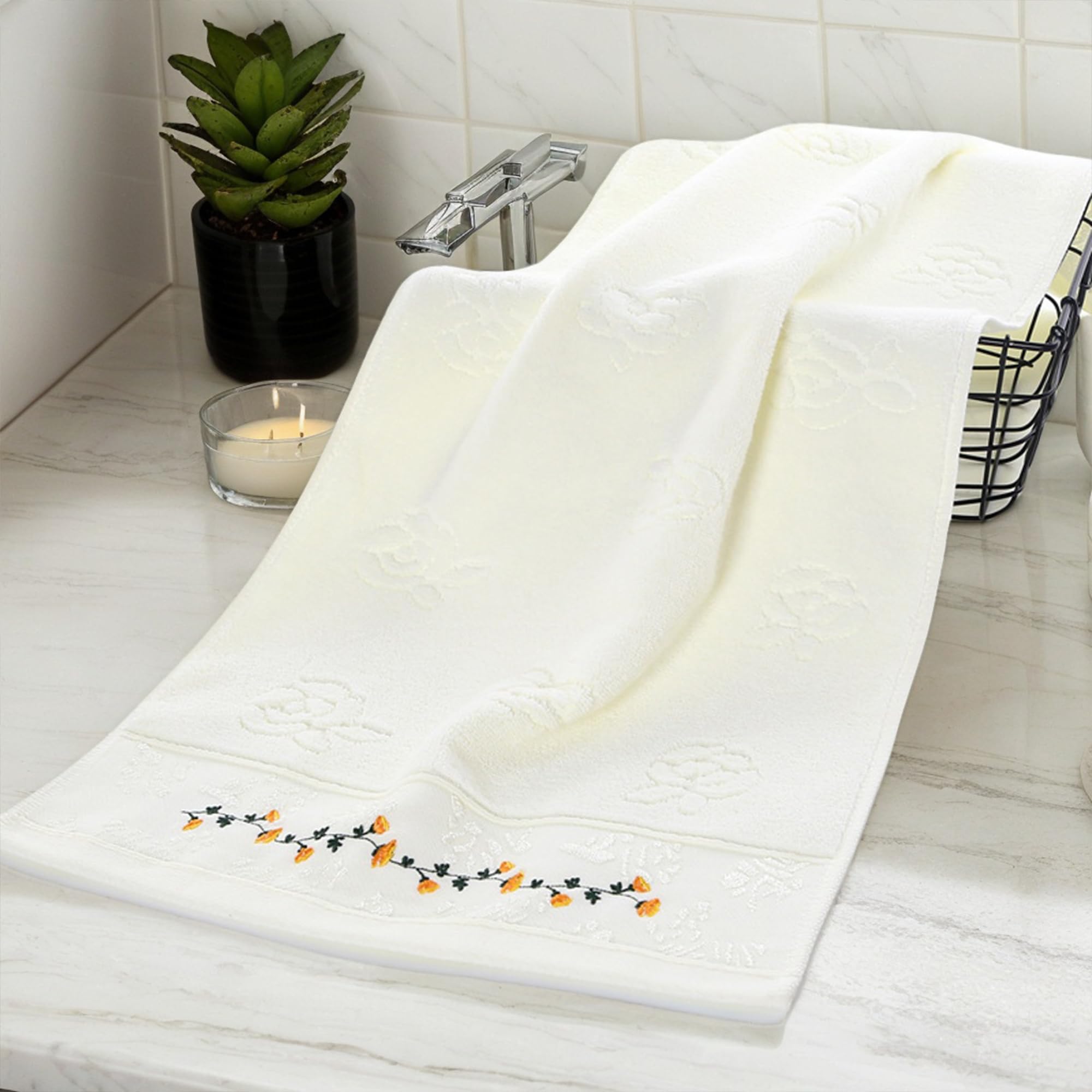HMETOL Soft Absorbent Floral Embroidered Hand Towels for Bathroom Kitchen