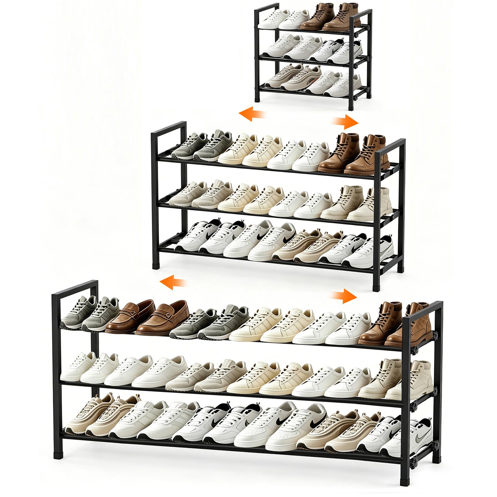 Anhow Extendable Shoe Rack, 3 Tier Adjustable Shoe Storage, 44 to 109 cm, Black Metal Free Standing Shoe Rack, Space Saving for Wardrobe, Closet