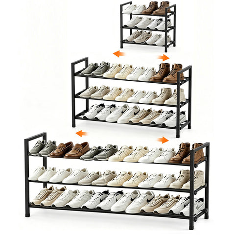 Anhow Extendable Shoe Rack, 3 Tier Adjustable Shoe Storage, 44 to 109 cm, Black Metal Free Standing Shoe Rack, Space Saving for Wardrobe, Closet
