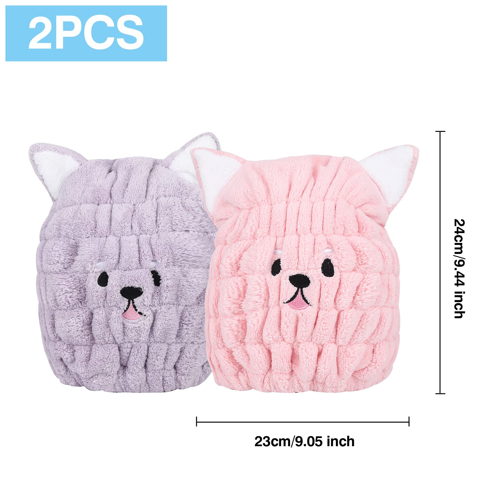 2-Piece Dry Hair Cap - Microfiber Quick Drying Bath Cap with Cute Cat Ears - Super Absorbent Hair Towel Wrap for Women & Girls