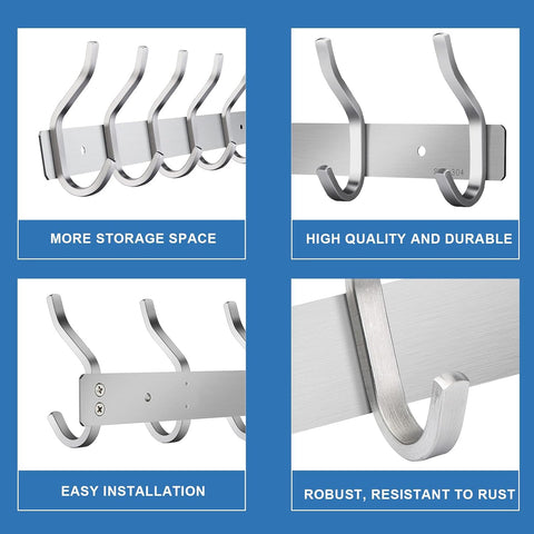 MEIJO Coat Hooks Wall Mounted, Coat Rack Wall Mounted Stainless Steel with 8 Hooks Heavy Duty Coat Hooks for Door, Bedroom, Bathroom, Kitchen