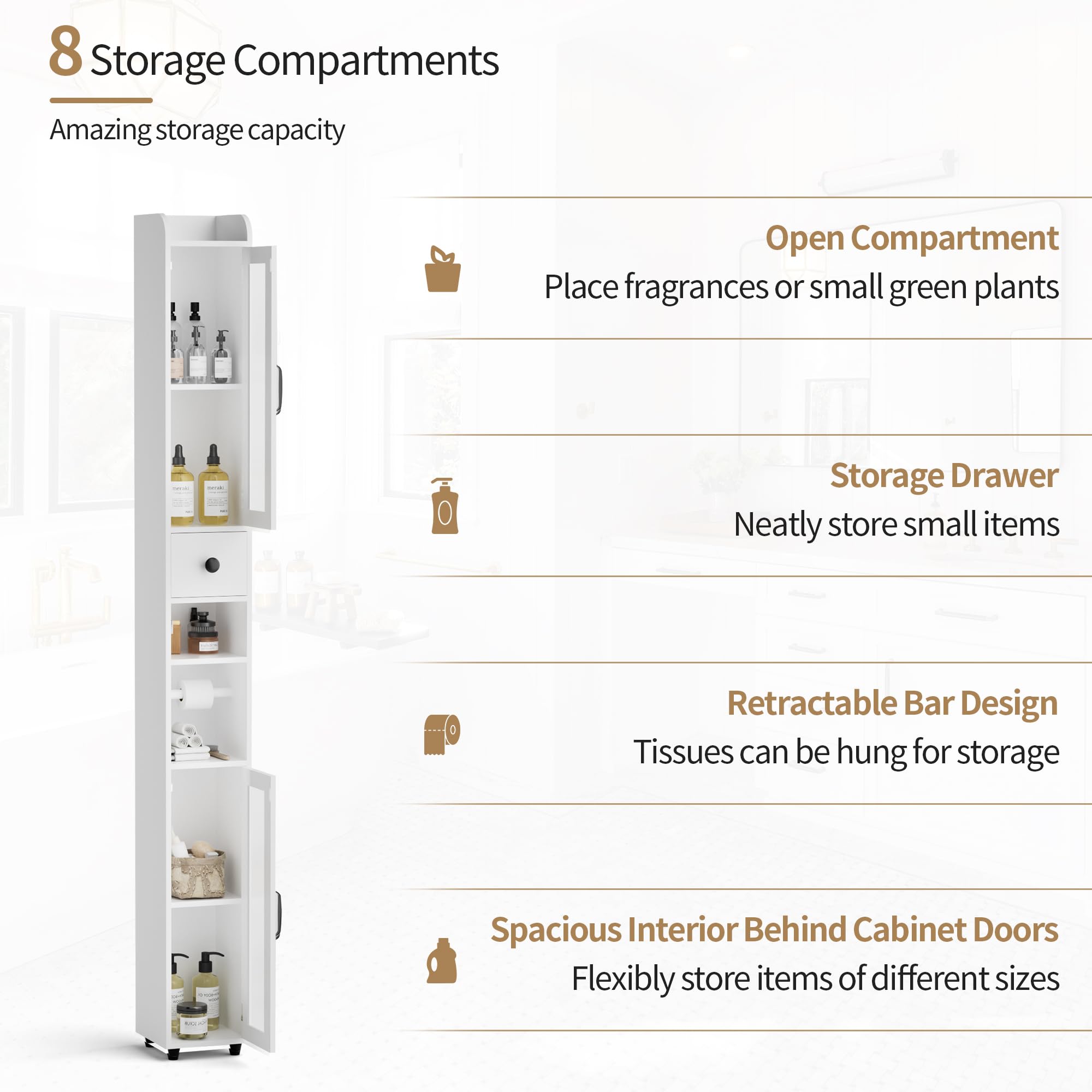 BonVache Tall Bathroom Storage Cabinet, Slim Storage Unit with Adjustable Shelves, Bathroom Shelves Cupboard for Kitchen Hallway Living Room Bedroom