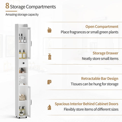 BonVache Tall Bathroom Storage Cabinet, Slim Storage Unit with Adjustable Shelves, Bathroom Shelves Cupboard for Kitchen Hallway Living Room Bedroom