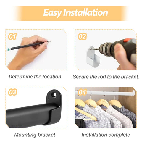 Adjustable Pole For Wardrobe, Heavy Duty Hanging Rail Wall Mounted with 2 Brackets, Stainless Steel Clothes Rail Wall Mounted
