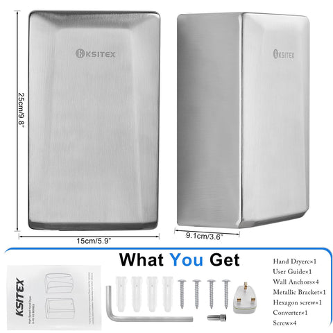 KSITEX Hand Dryer,High Speed Commercial Hand Dryer Stainless Steel Automatic Electric Dryer Wall Mounted for Toilet Bathroom Eco Friendly Brushed