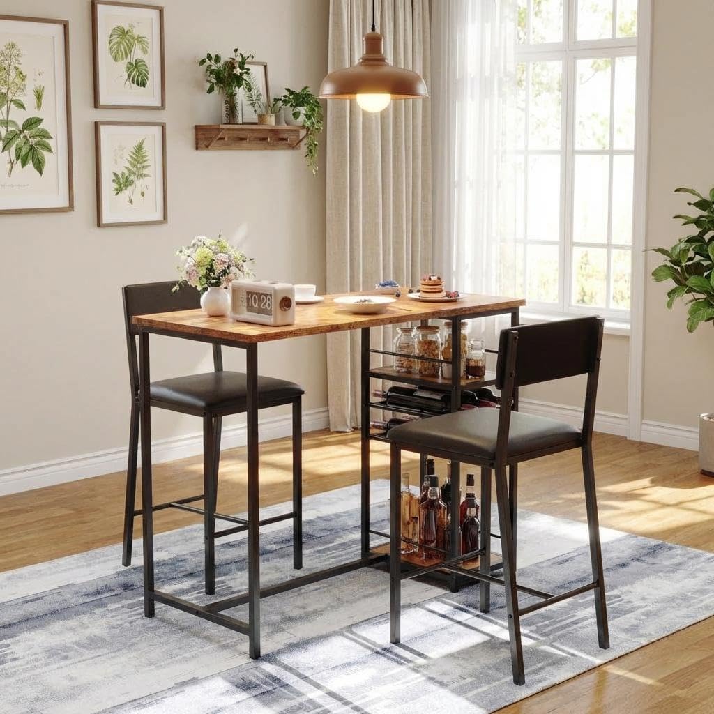 Techigher Bar Table Set, Dining Tables with 2 Upholstered Chairs, 3 Piece Counter Height Kitchen Table Set with 2-Tier Storage Shelves & 2 Wine Racks
