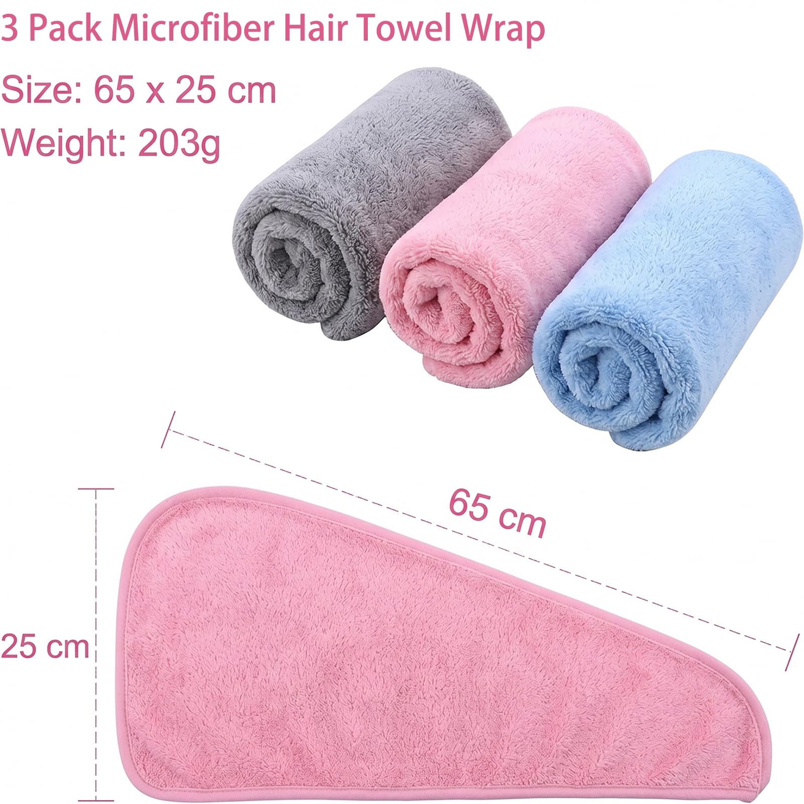 Derkiua 3 Pack Super Absorbent Microfiber Hair Towel Wrap, Quick Dry Twist Turban with Button Closure, Fast Drying Hair Cap for Shower