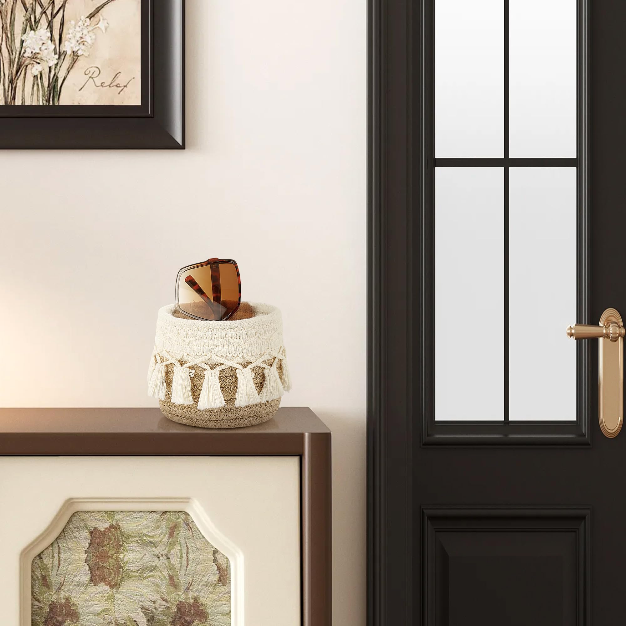 Linkidea Extra Large Sunglasses Desk Holder Stand Compatible with Extra Large Glasses, Brown Cotton Rope Eyewear Storage Desk Display Basket