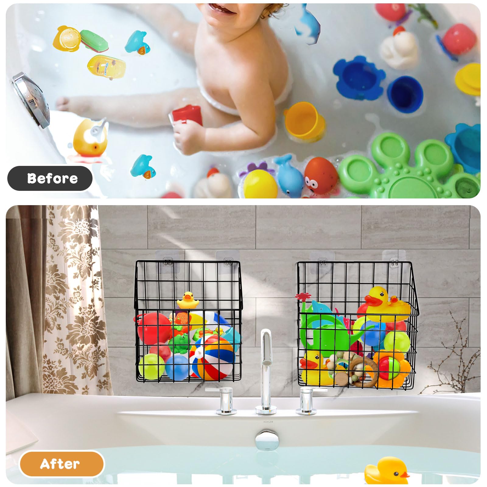 2 Pack Bath Toy Storage Organizer Basket, Large Metal Bathtub Shower Organizer, Wall Mounted Hanging Shower Basket