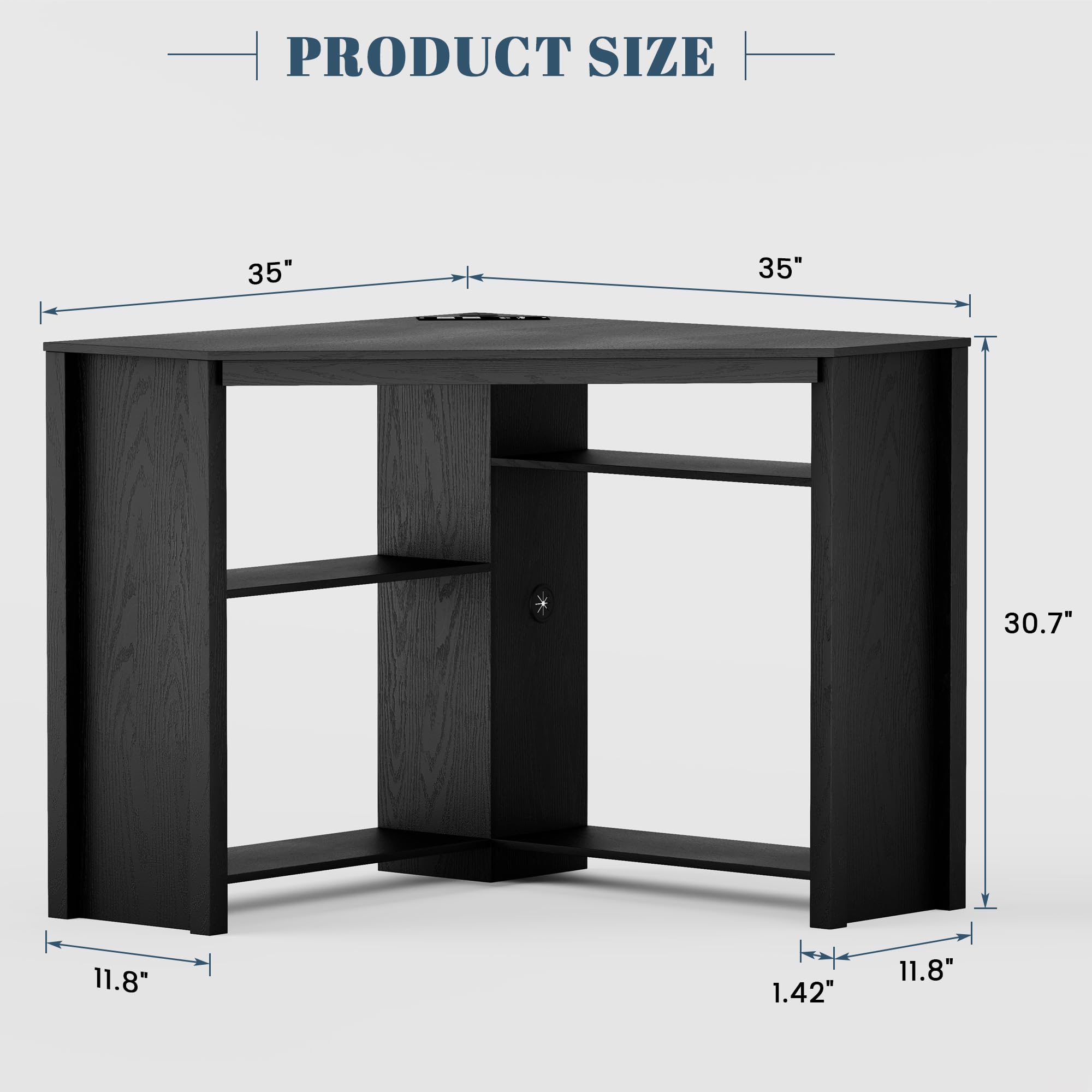 FREDEES Corner Desk with Charging Station & LED Light, Black