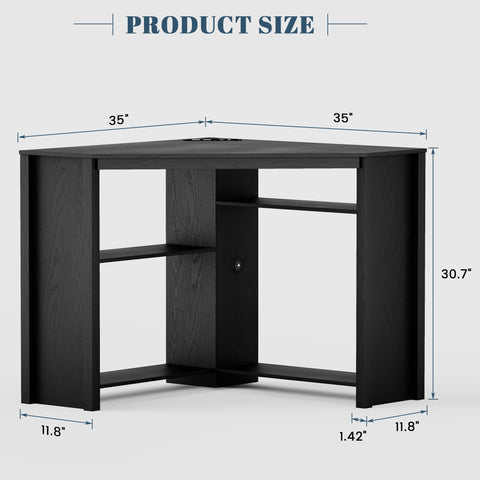 FREDEES Corner Desk with Charging Station & LED Light, Black
