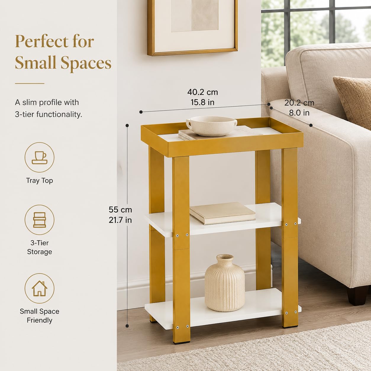 ZEXVIDA 3-Tier Narrow Side Table with Tray Top, Slim Side Table, White&Gold