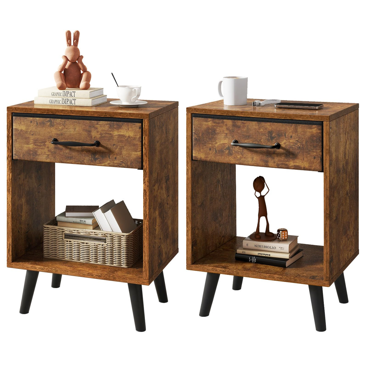 YMYNY Nightstand Set of 2, Bedside Table, Side Table with Fabric Drawer, Handle and Open Compartment, Solid Wood Legs