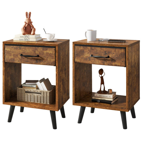 YMYNY Nightstand Set of 2, Bedside Table, Side Table with Fabric Drawer, Handle and Open Compartment, Solid Wood Legs