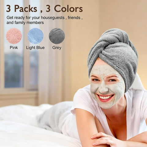 Derkiua 3 Pack Super Absorbent Microfiber Hair Towel Wrap, Quick Dry Twist Turban with Button Closure, Fast Drying Hair Cap for Shower