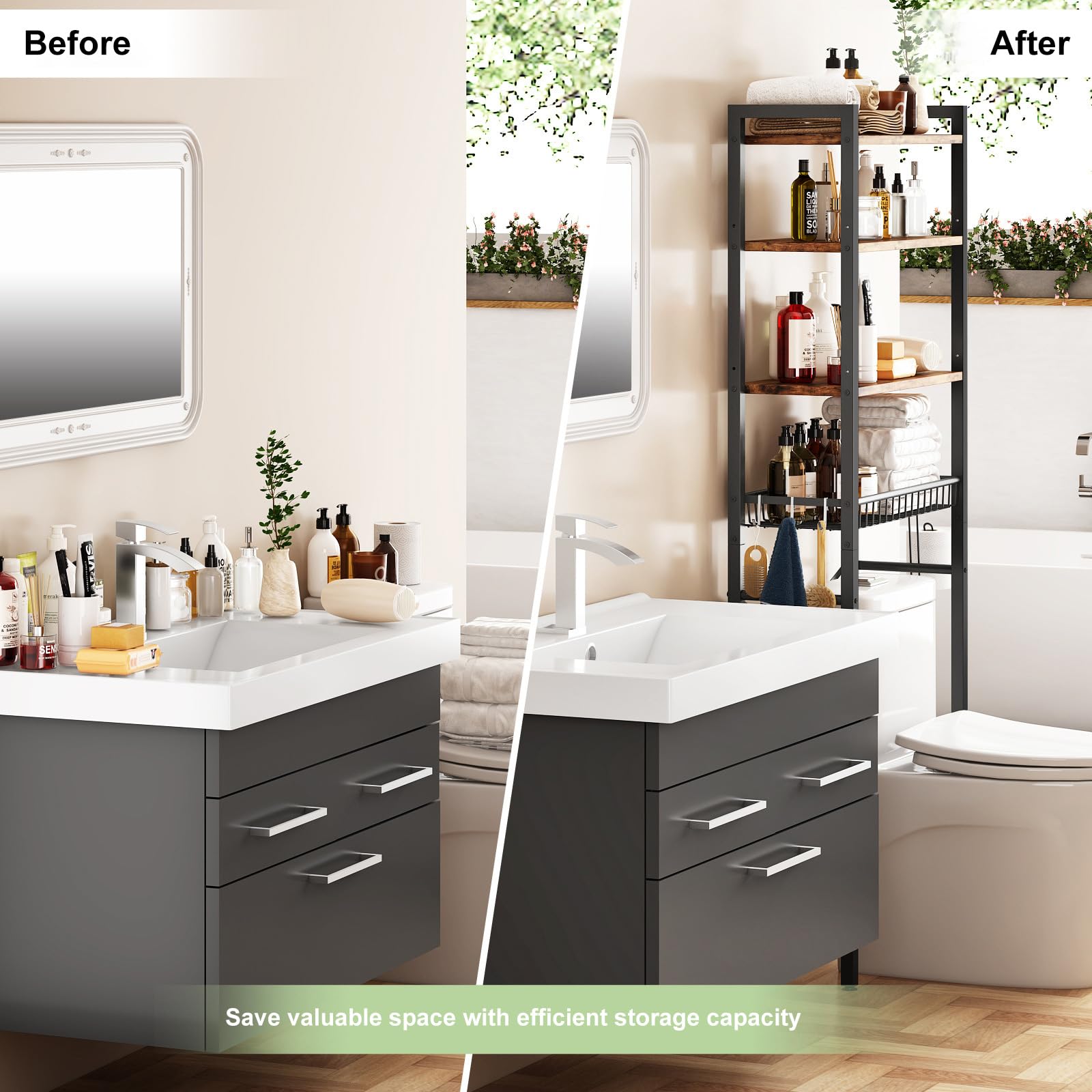 CAPHAUS Over The Toilet Storage Rack, 4-Tier Bathroom Organizer Shelf Over Toilet with Adjustable Shelf and Basket