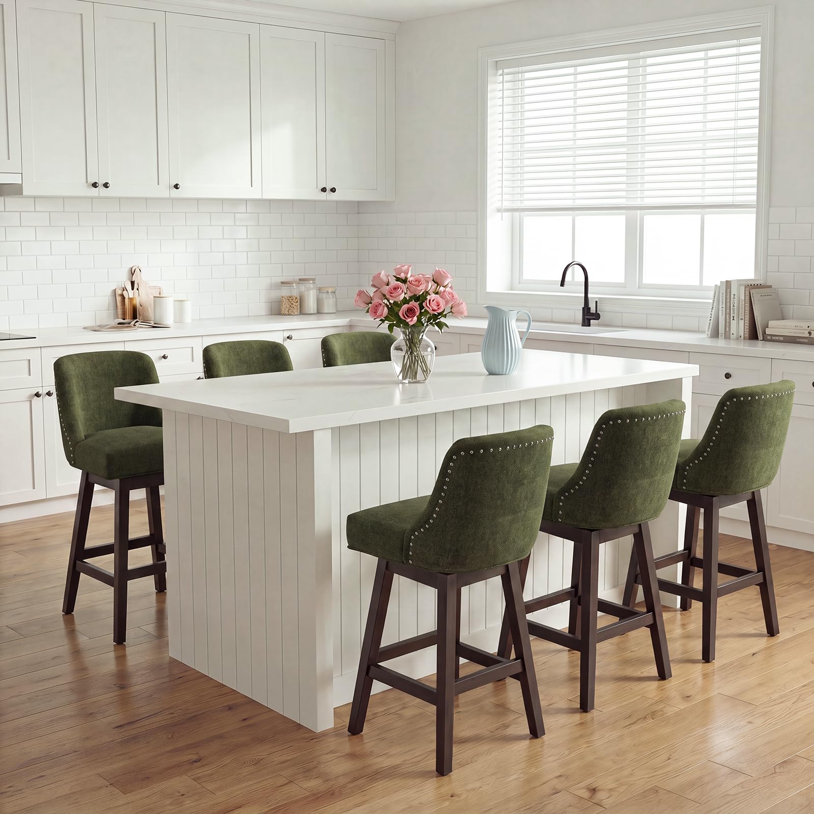 Bar Stools Set of 6, 360° Swivel Upholstered Counter Stools with Back, Wooden Frame Kitchen Bar Chairs with Nailhead Trim