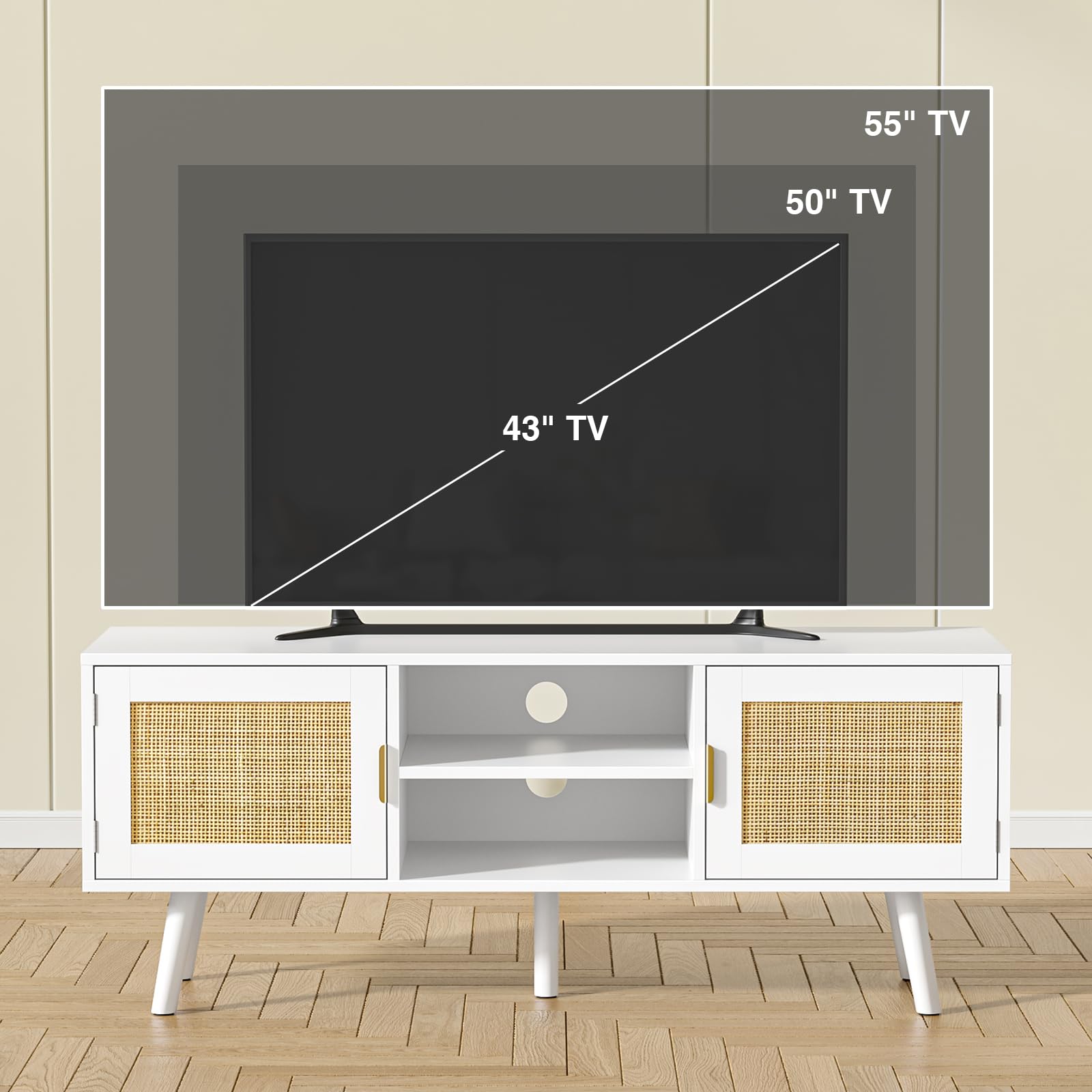 Skokliz TV Unit, 120cm TV Stand Cabinet for TVs up to 55inch, Rattan TV Table with 2 Doors and 2 Open Shelves, Boho Media TV Cabinet for Living Room