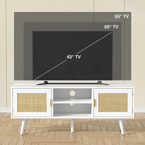 Skokliz TV Unit, 120cm TV Stand Cabinet for TVs up to 55inch, Rattan TV Table with 2 Doors and 2 Open Shelves, Boho Media TV Cabinet for Living Room