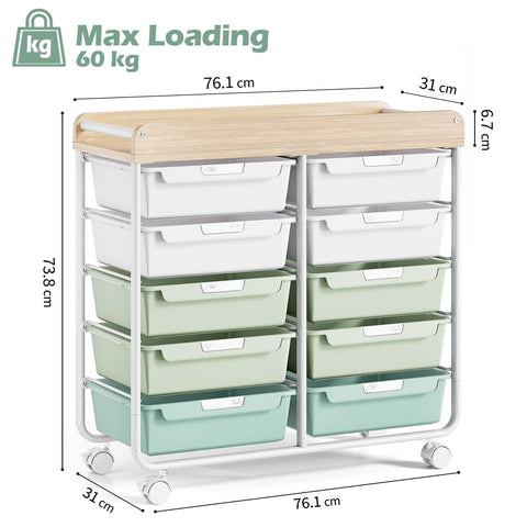 10-Drawer Craft Organizer Trolley Cart, Green