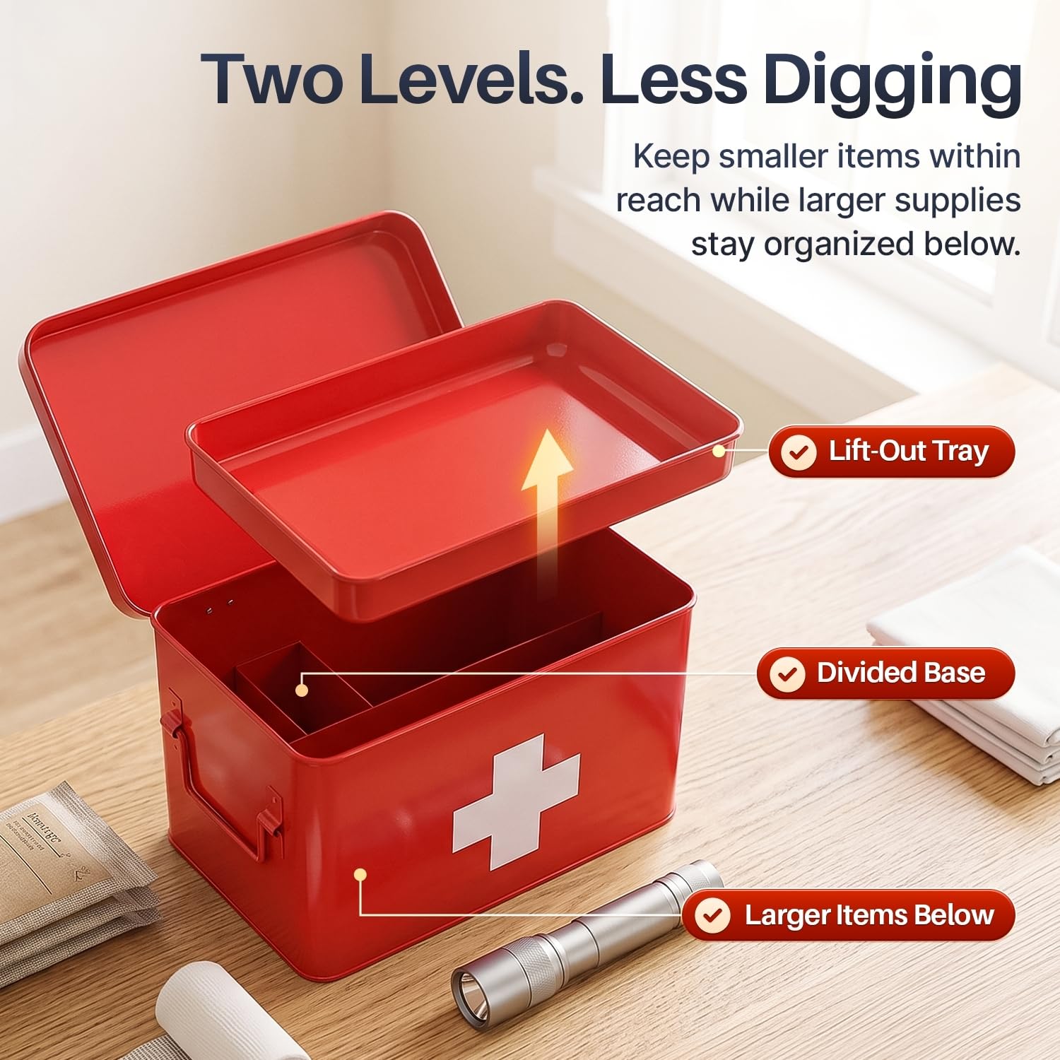 Flexzion Metal First Aid Box Empty, 8.5 Inch Red Vintage First Aid Storage Box, First Aid Tin Container with Dividers, Removable Tray