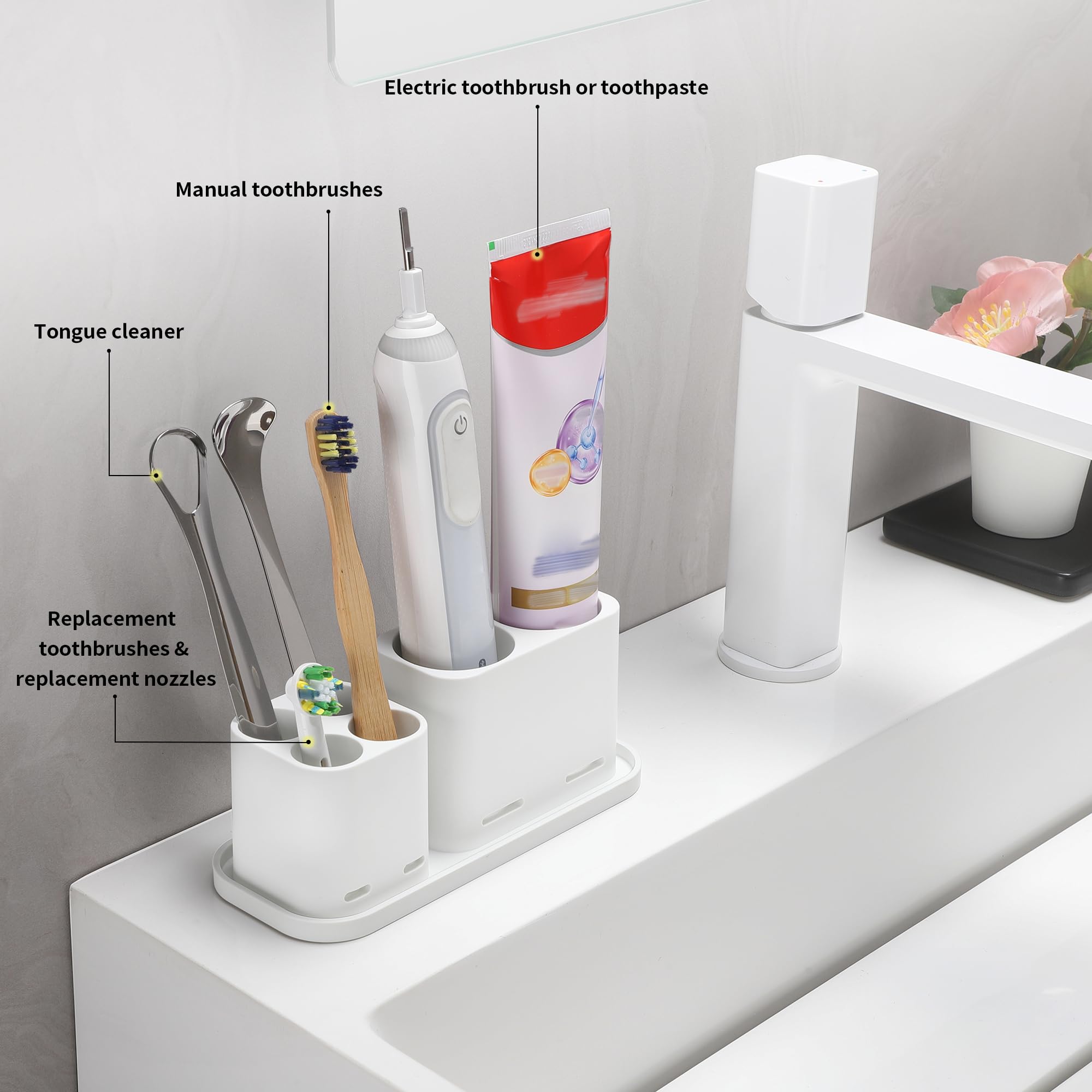 ALOCEO Electric Toothbrush Holder, Bathroom Toothbrush Holder 6 Compartments Multifunctional Toothpaste Caddy Toothbrush Organizer for Electric