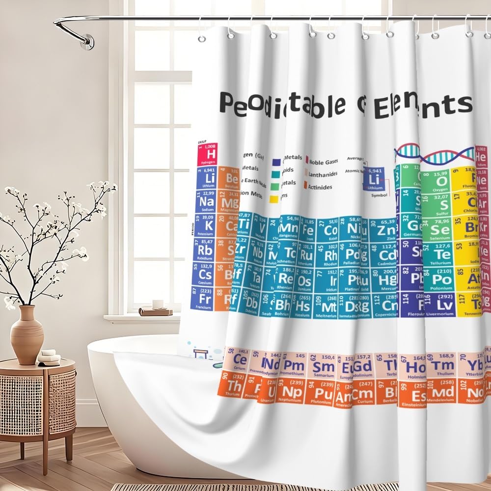 Xiaoterna Periodic Table of Elements Shower Curtain Abstract White Bathroom Curtain Chemical Element Table Water Repellant Washable Fabric for